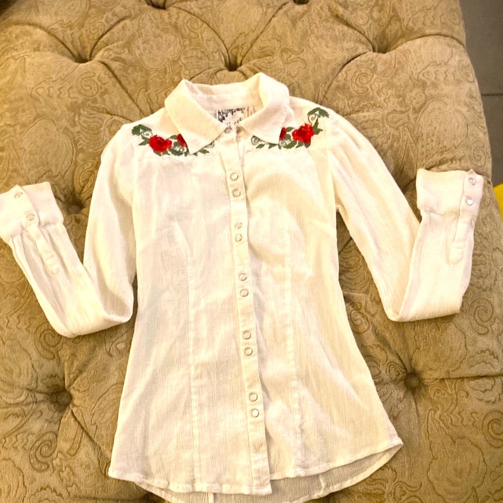Guess Cream Button Down Shirt with Red Floral Embroidery